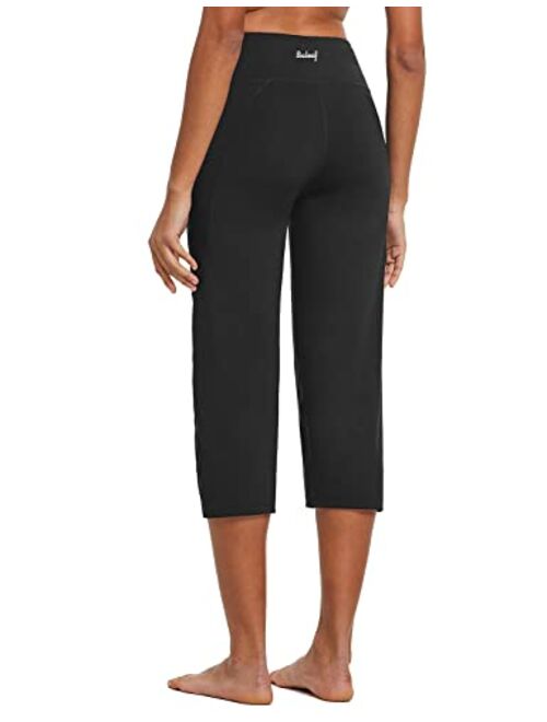 BALEAF Yoga Pants for Women Capris High Waist Leggings with Pockets Wide Leg Exercise Workout Crop Straight Open Bottom