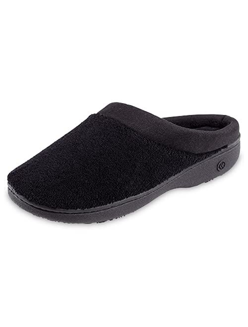 isotoner Women's Terry and Satin Slip on Cushioned Slipper with Memory Foam for Indoor/Outdoor Comfort