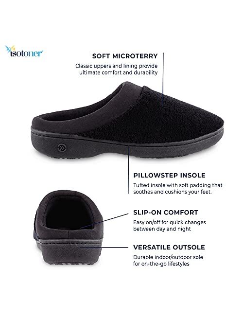 isotoner Women's Terry and Satin Slip on Cushioned Slipper with Memory Foam for Indoor/Outdoor Comfort