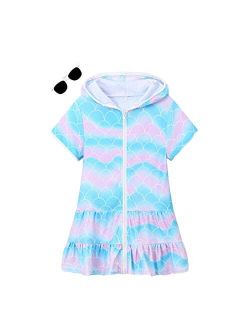 LUCKYGAL Girls Swim Cover Up Kids Swimsuit Coverup Terry Zip-Up Beach Bathing Suit Robe with Sunglasses