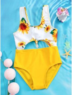 Baby Girl Sunflower Print Cut-out One Piece Swimsuit