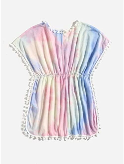 Milumia Girl's Cute Tie Dye Beach Coverups Pompom Trim Swimsuit Swimwear Cover Up