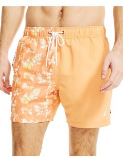 Men's Tropical-Print Colorblocked Swim Shorts
