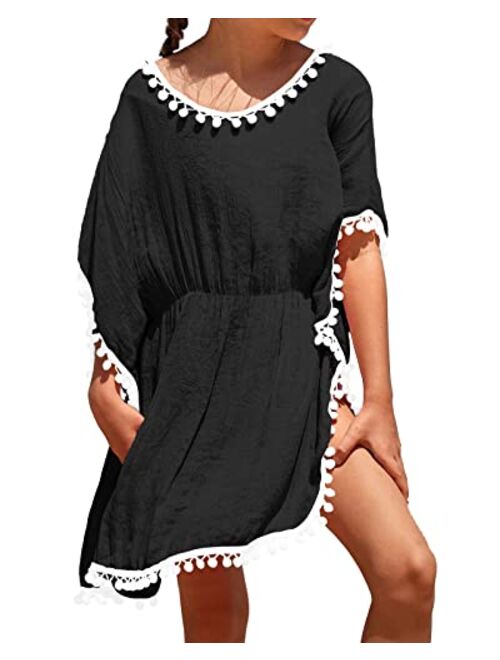 Eurivicy Girl's Swim Cover Up Kids Summer Swimwear Beach Dress Swimsuit Wraps with Pom Pom Trim