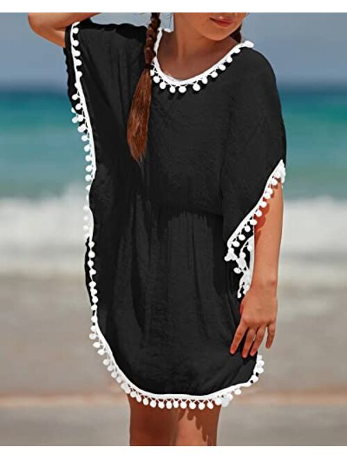 Eurivicy Girl's Swim Cover Up Kids Summer Swimwear Beach Dress Swimsuit Wraps with Pom Pom Trim