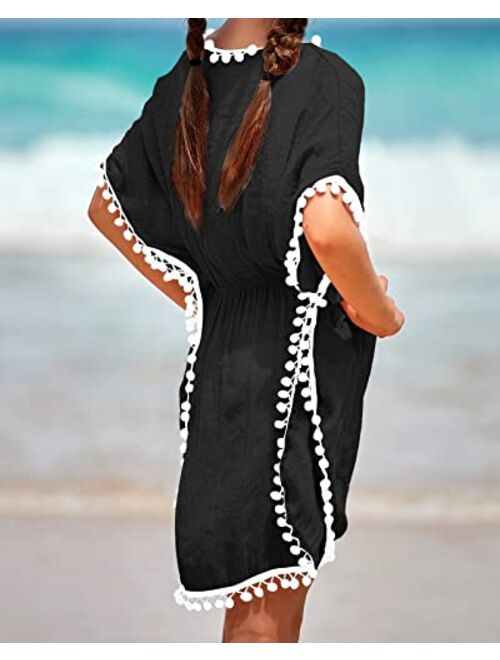 Eurivicy Girl's Swim Cover Up Kids Summer Swimwear Beach Dress Swimsuit Wraps with Pom Pom Trim