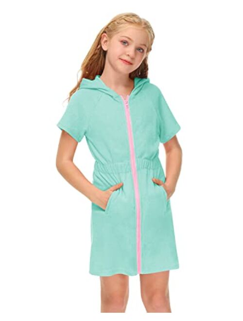 BesserBay Girl's Zip Up Terry Cover Up Hooded Bathrobe with Pockets 4-12 Years
