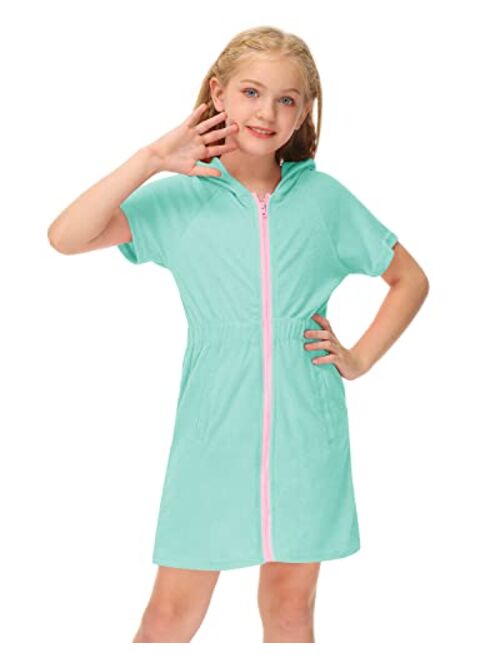 BesserBay Girl's Zip Up Terry Cover Up Hooded Bathrobe with Pockets 4-12 Years
