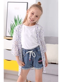 GORLYA Girl's Floral Print Chiffon Beach Cardigan Cover ups Kids Casual Kimono Capes Swimsuit Wraps