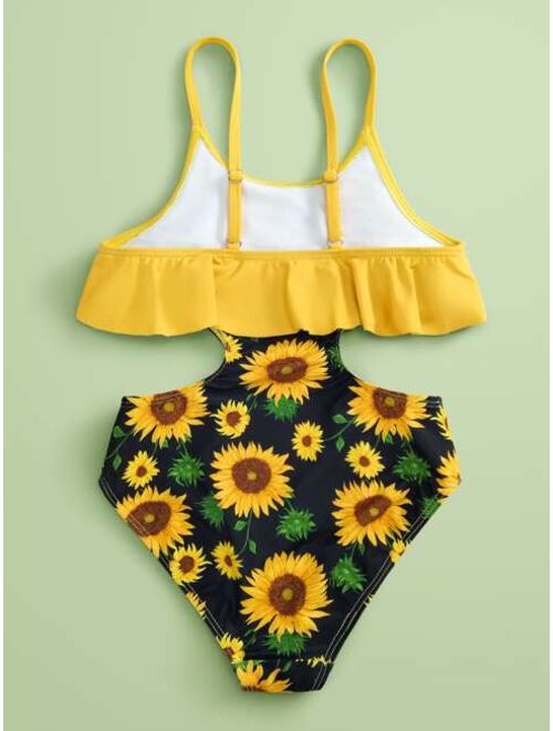 Shein Girls Sunflower Print Cut out One Piece Swimsuit