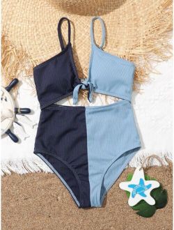 Girls Color Block Cut out Knot One Piece Swimsuit
