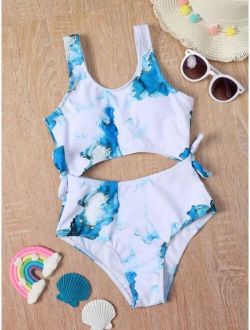 Girls Marble Print Cut out One Piece Swimsuit