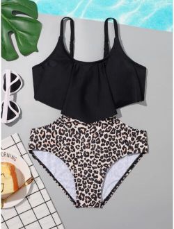 Girls Leopard Cut out Hanky Hem One Piece Swimsuit