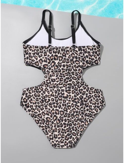 Shein Girls Leopard Cut out Hanky Hem One Piece Swimsuit