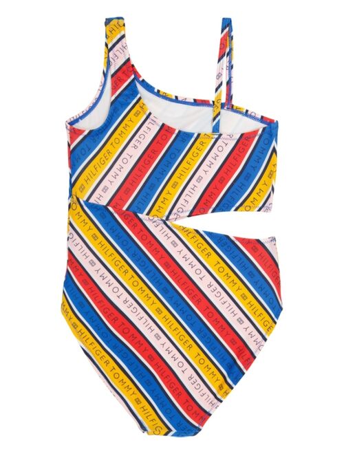 Tommy Hilfiger Little Girls Multi Logo Striped Swimsuit