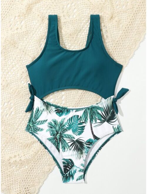 Buy Shein Girls 1pack Random Tropical Cutout Waist One Piece Swimsuit ...