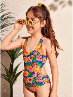 Girls 1pack Tropical Print Cut Out Crisscross Back One Piece Swimsuit