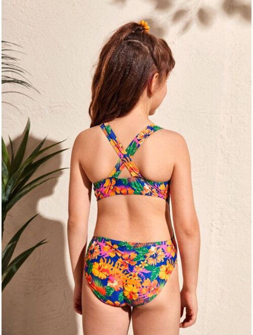 Shein Girls 1pack Tropical Print Cut Out Crisscross Back One Piece Swimsuit