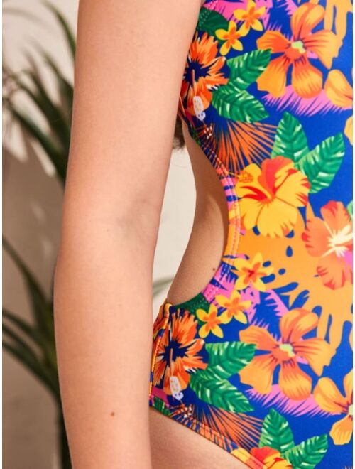 Shein Girls 1pack Tropical Print Cut Out Crisscross Back One Piece Swimsuit