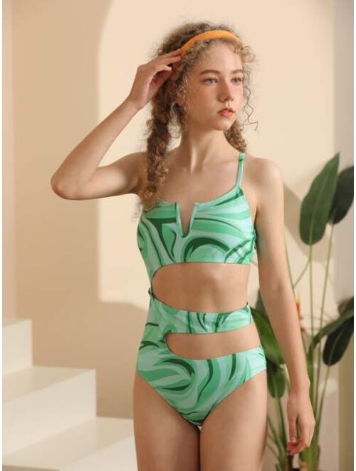 Shein Teen Girls Abstract Fluid Pattern Cut out One Piece Swimsuit