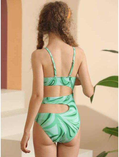 Shein Teen Girls Abstract Fluid Pattern Cut out One Piece Swimsuit