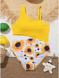 Girls Sunflower Print Cut out Asymmetrical One Piece Swimsuit