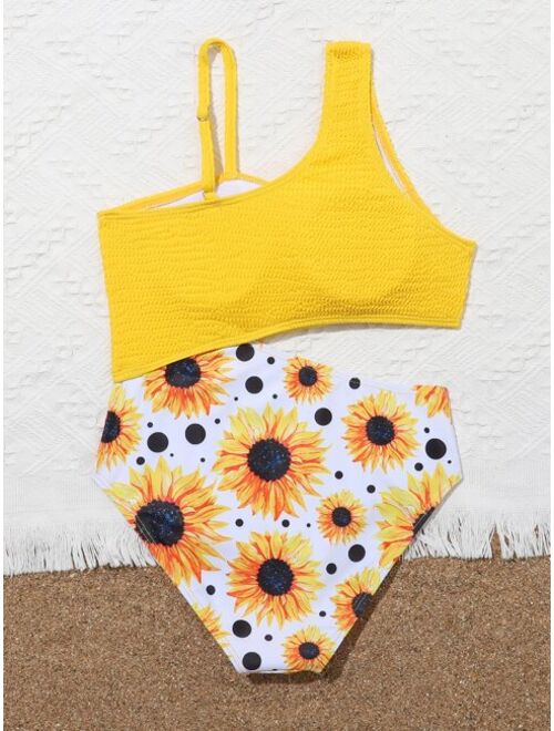 Shein Girls Sunflower Print Cut out Asymmetrical One Piece Swimsuit