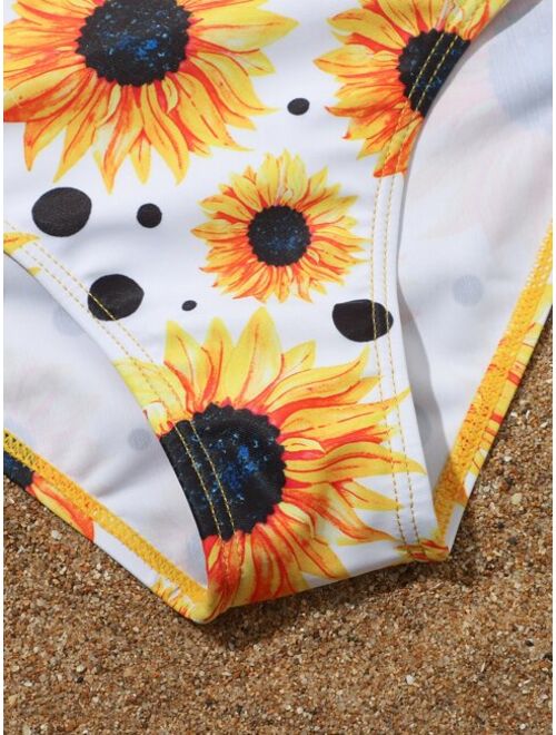 Shein Girls Sunflower Print Cut out Asymmetrical One Piece Swimsuit