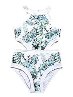 Girl's Cut Out Tropical Print One Piece Swimsuit Monokini Bathing Suit