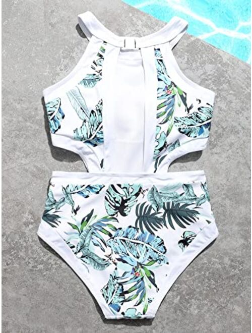 WDIRARA Girl's Cut Out Tropical Print One Piece Swimsuit Monokini Bathing Suit