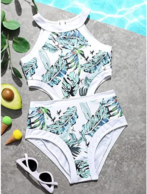 WDIRARA Girl's Cut Out Tropical Print One Piece Swimsuit Monokini Bathing Suit