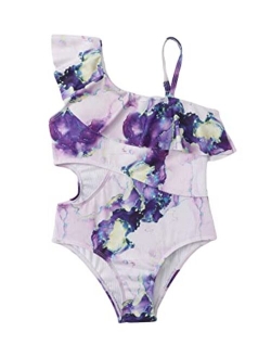 Girl's Cute Marble Print Cutout One Piece Swimsuit Ruffle Bathing Suit