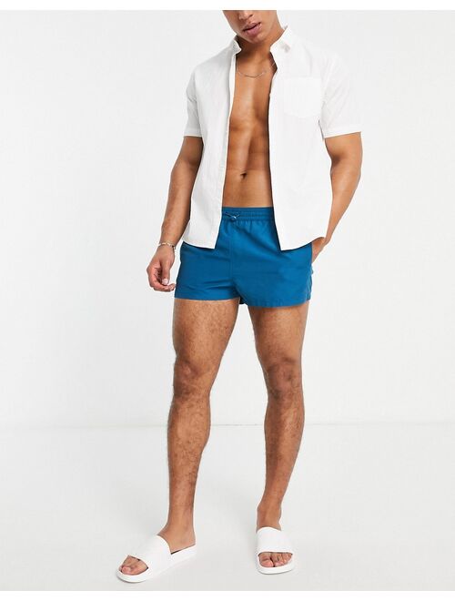 ASOS DESIGN swim shorts with toggle fastening in blue super short length