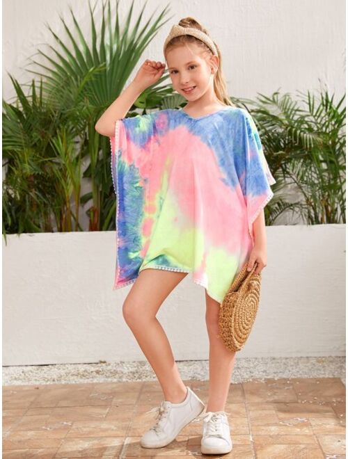 SHEIN Girls Tie Dye Lace Trim Batwing Sleeve Cover Up