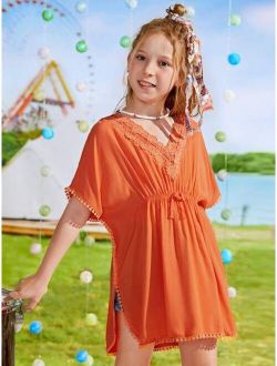 Girls Guipure Lace Panel Batwing Sleeve Split Hem Cover Up