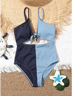 Girl's Colorblock Cut Out Knot Front One Piece Swimsuit Bathing Suit Swimwear