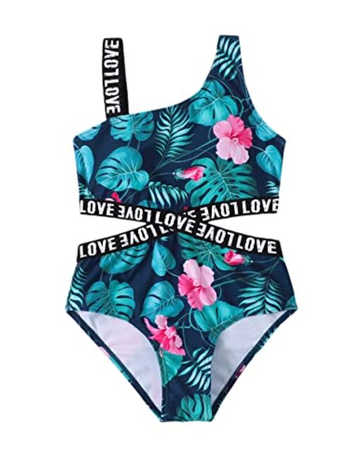Milumia Girl's Tropical Print One Piece Swimsuit Cross Cutout Letter Tape Bathing Suit