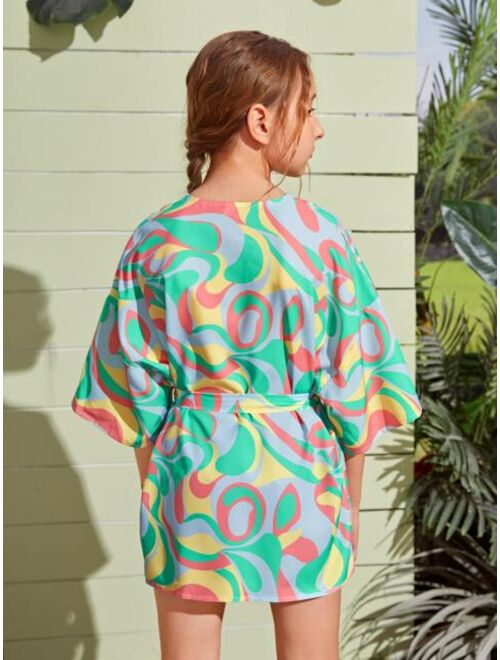 SHEIN Girls Allover Print Drop Shoulder Belted Kimono