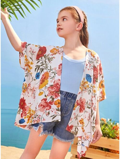 SHEIN Girls Floral Print Asymmetrical Hem Kimono