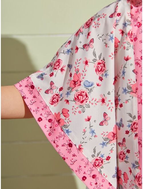 SHEIN Girls Floral Print Batwing Sleeve Kimono