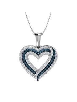 1/2 Carat Blue Diamond & White Diamond Heart Pendant Necklace in 925 Sterling Silver