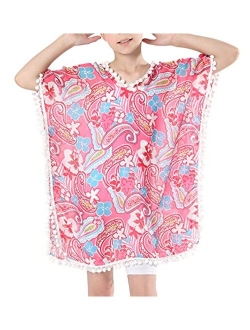 MissShorthair Girls Beach Coverup Printed Swimsuit Cover Up for Kids Swimwear with Pom Pom Trim