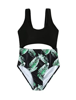 Girl's One Piece Floral Print Swimsuit Cute Cut Out Bathing Suit Swimwear