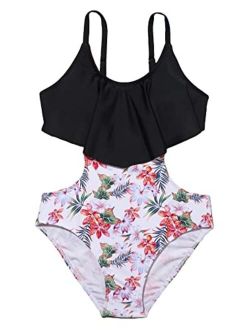 Girl's One Piece Swimsuit Floral Print Cut Out Ruffle Hem Bathing Suit