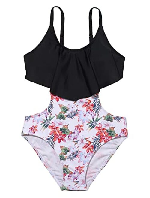 Milumia Girl's One Piece Swimsuit Floral Print Cut Out Ruffle Hem Bathing Suit