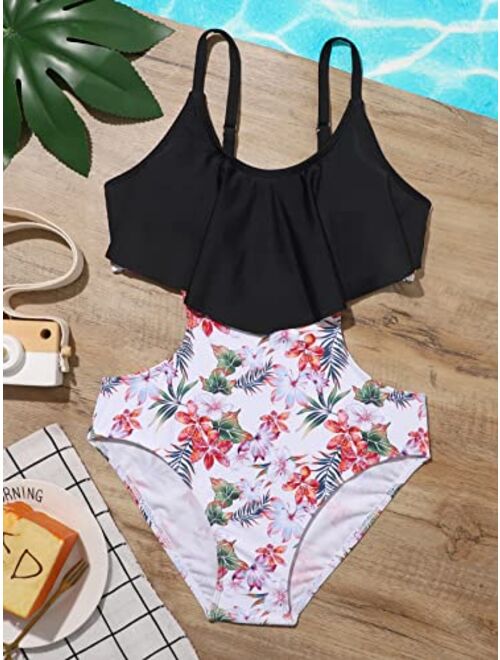 Milumia Girl's One Piece Swimsuit Floral Print Cut Out Ruffle Hem Bathing Suit
