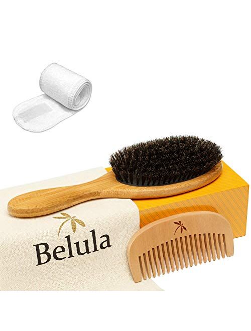 Belula 100% Boar Bristle Hair Brush Set. Soft Natural Bristles for Thin and Fine Hair. Restore Shine And Texture. Wooden Comb, Travel Bag and Spa Headband Included!