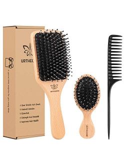 URTHEONE Boar Bristle Hair Brush and Comb Set for Women Men Kids, Best Natural Wooden Paddle Hairbrush and Small Travel Styling Brush for Wet or Dry Hair Detangling Smoot