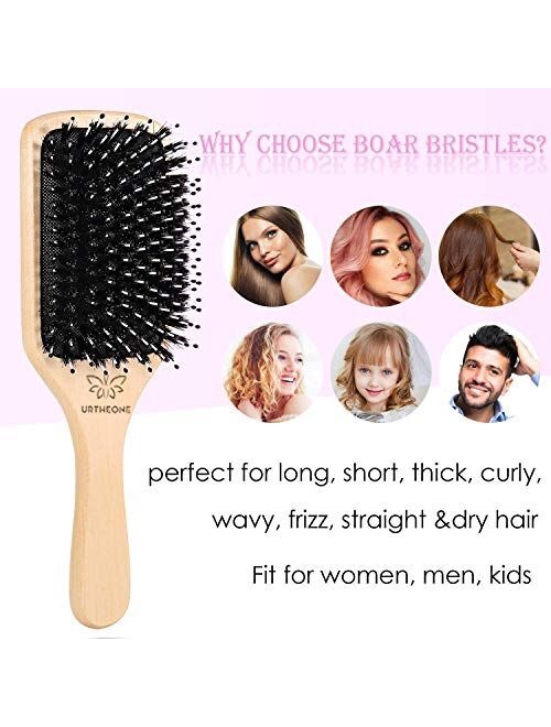 URTHEONE Boar Bristle Hair Brush and Comb Set for Women Men Kids, Best Natural Wooden Paddle Hairbrush and Small Travel Styling Brush for Wet or Dry Hair Detangling Smoot