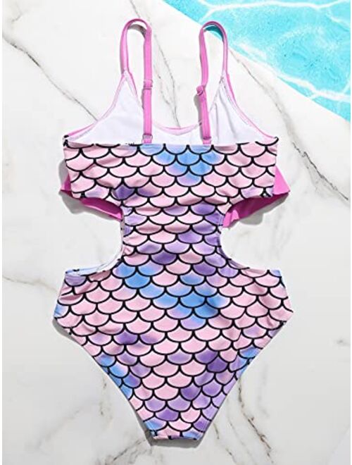 SOLY HUX Girl's Cut Out Flounce Ruffle Fish Scale Print One Piece Swimsuit Bathing Suit